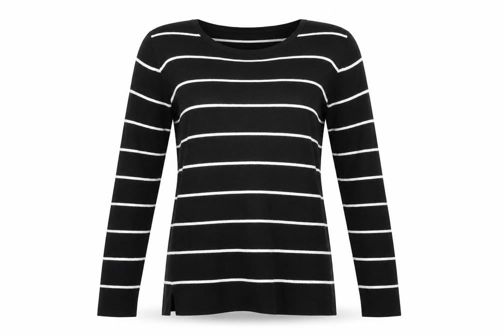 Front view of Kirkland women’s black striped jumper, size S