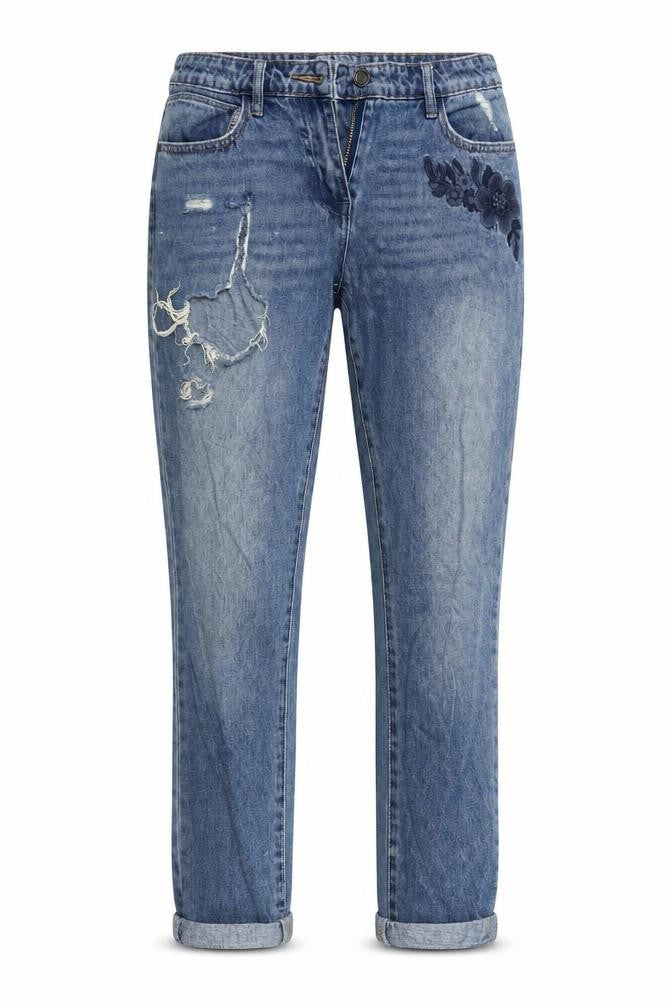 Front view of Next women’s blue floral straight jeans, size UK 10, 27-inch leg