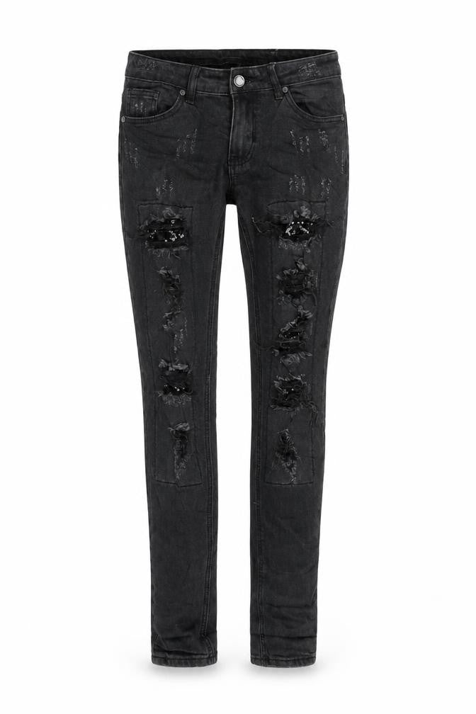 Front view of women’s black straight jeans, size M, 29-inch leg