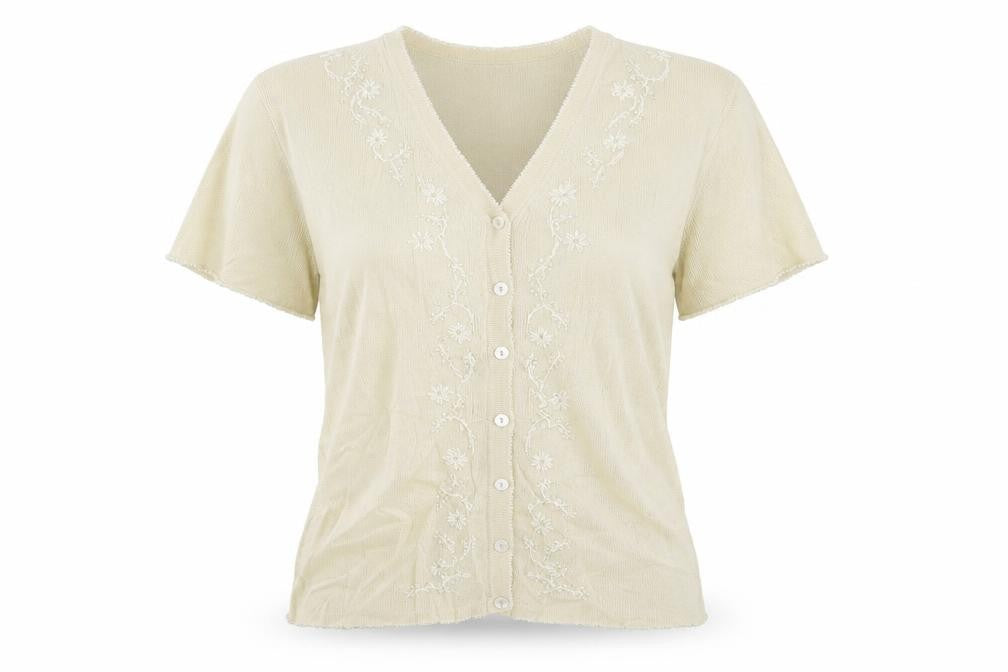 Front view of Paramour women’s beige cardigan jumper, size S