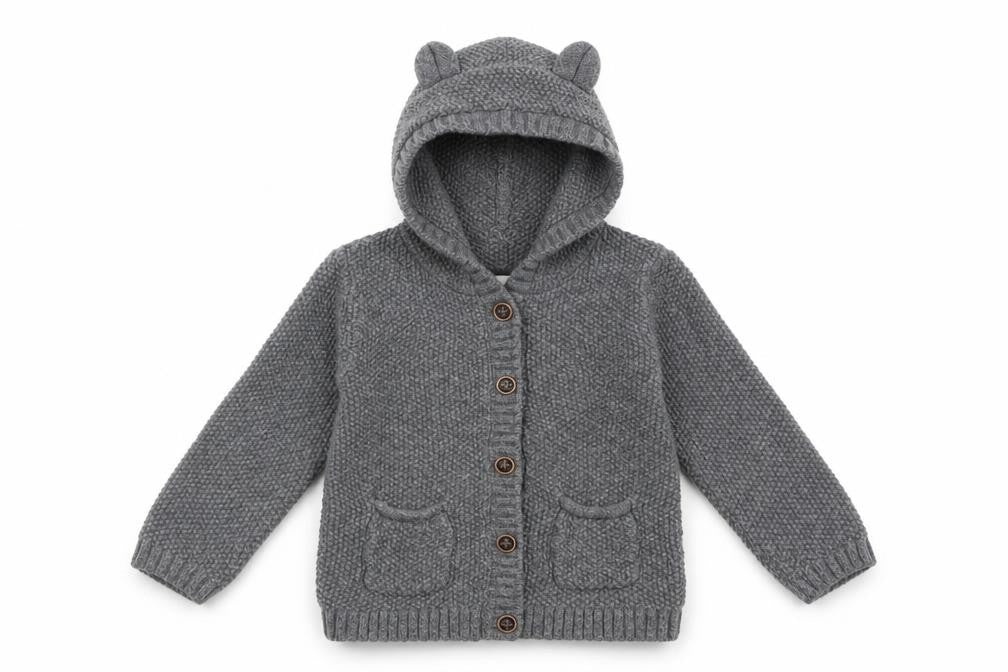 Front view of H&M boys’ grey knit cardigan jumper, size 2, years