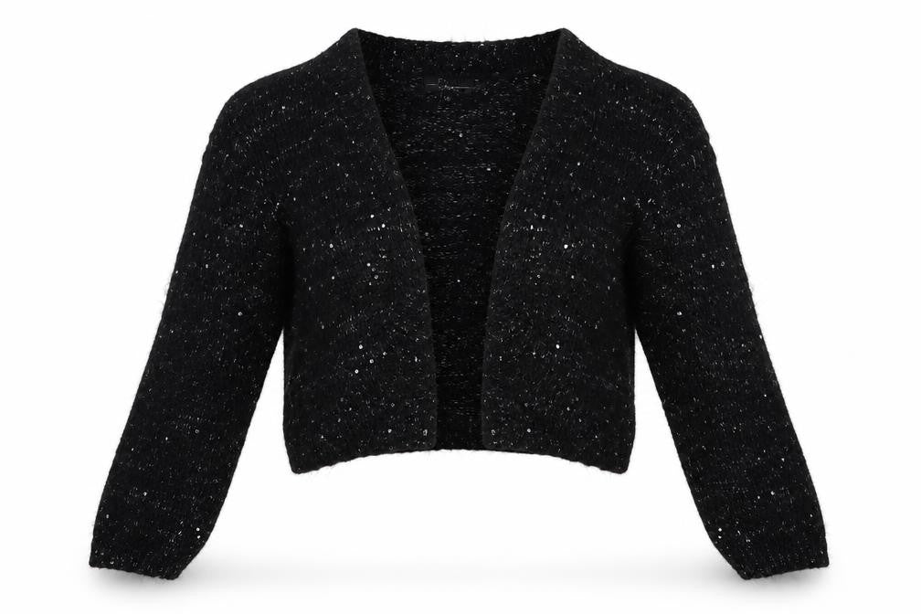 Front view of Papaya women’s black knit cardigan jumper, size UK 14