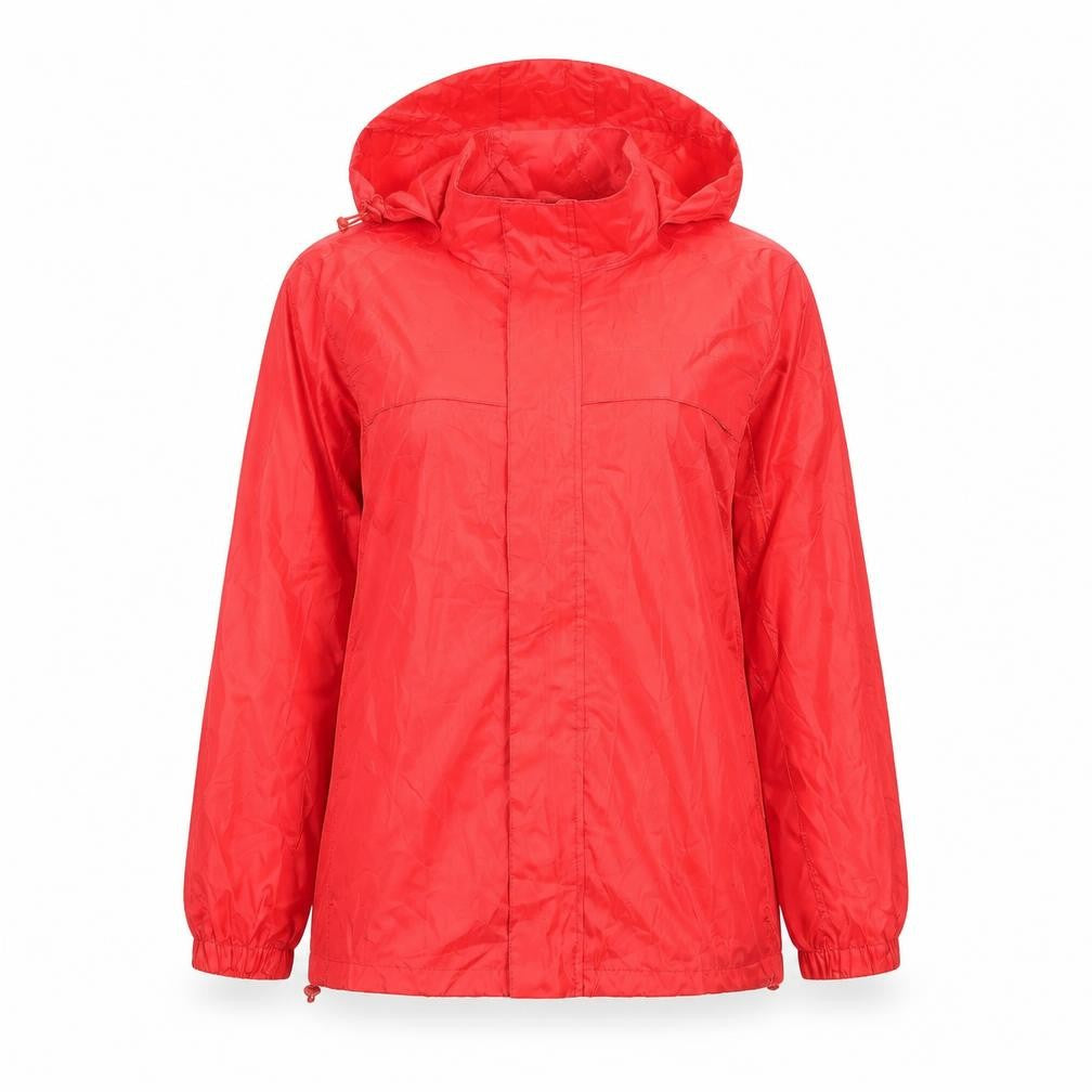 Front view of Denim & Co. women’s red rain coat jacket, size UK 8