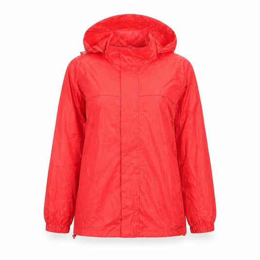 Front view of Denim & Co. women’s red rain coat jacket, size UK 8