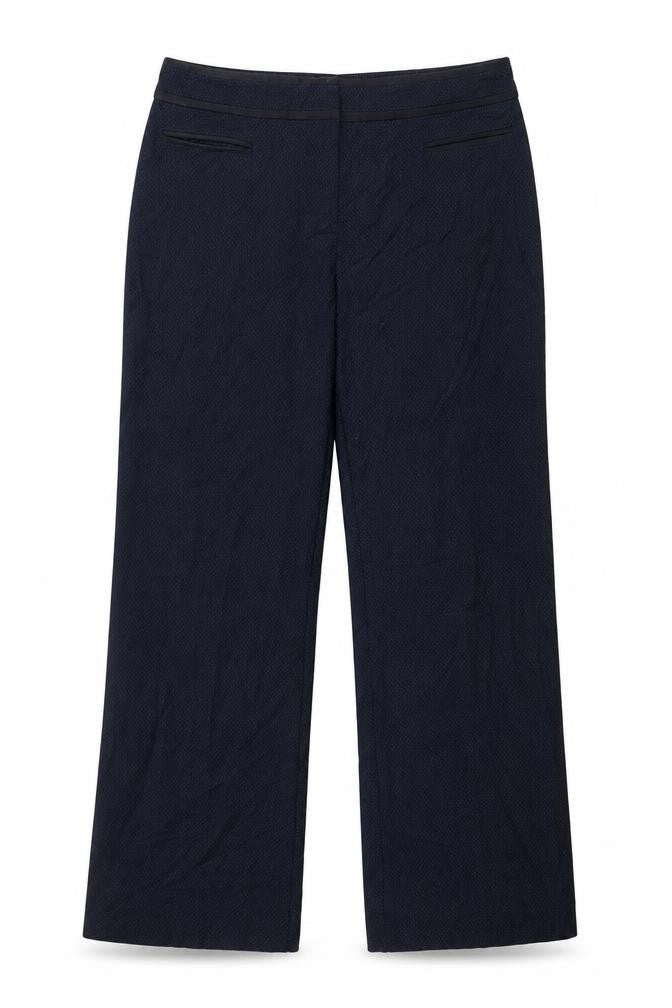 Front view of Marks & Spencer women’s blue trousers, size UK 14, 28-inch leg