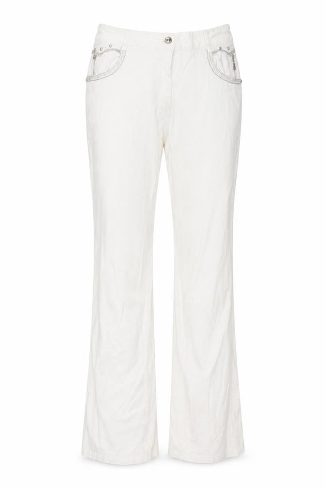 Front view of O&S women’s white trousers, size UK 32, in, 27-inch leg