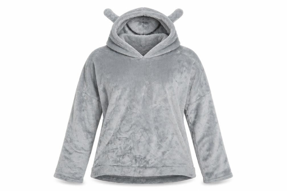 Front view of women’s silver pullover hoodie, size M