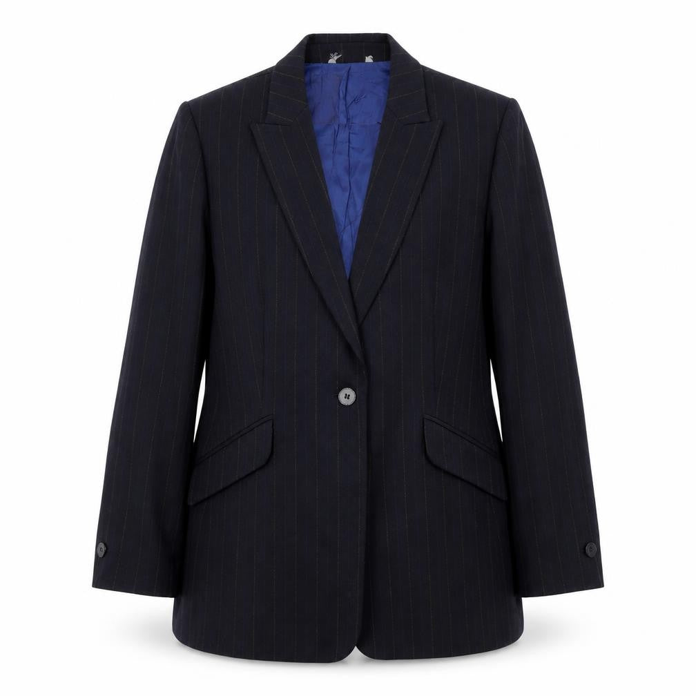 Front view of Preworn women’s blue striped jacket blazer, size L