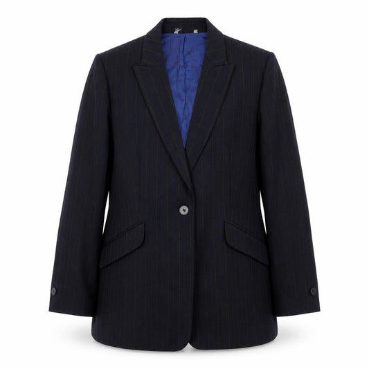 Front view of Preworn women’s blue striped jacket blazer, size L