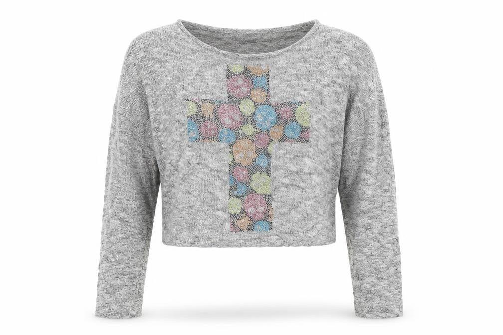 Front view of The Cla-sic women’s grey jumper, size M, - cross