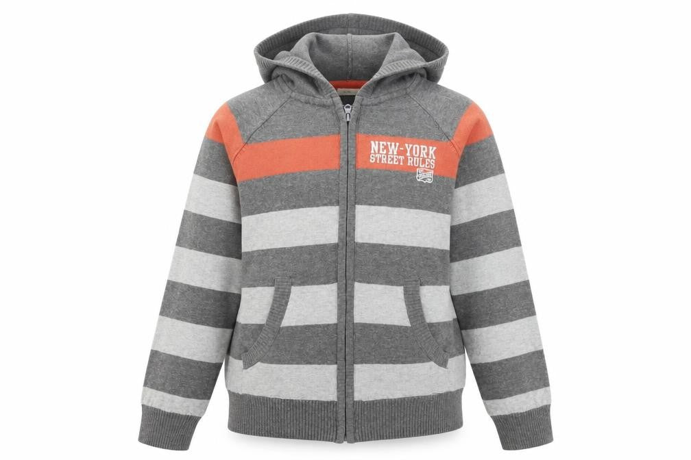 Front view of Fox women’s grey striped jacket coat, size UK 14