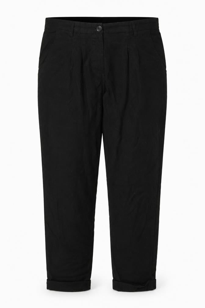 Front view of H&M women’s black trousers, size UK 12, 27-inch leg