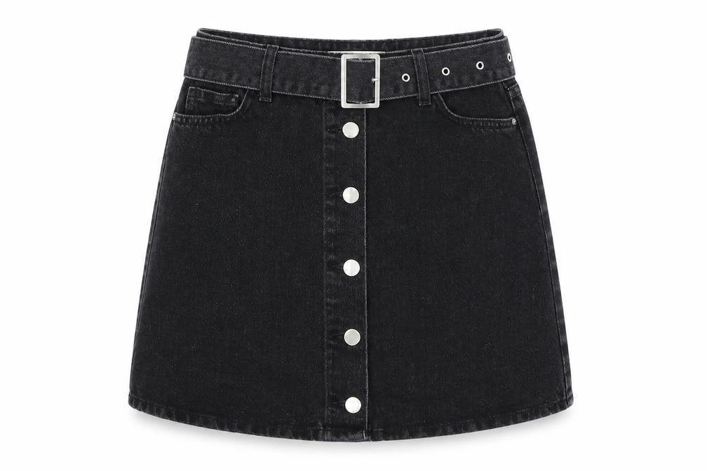 Front view of denim co women’s black a-line skirt, size UK 8