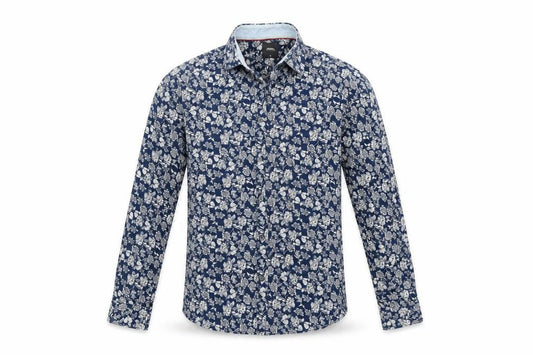 Front view of Burton men’s blue floral button-up, size M