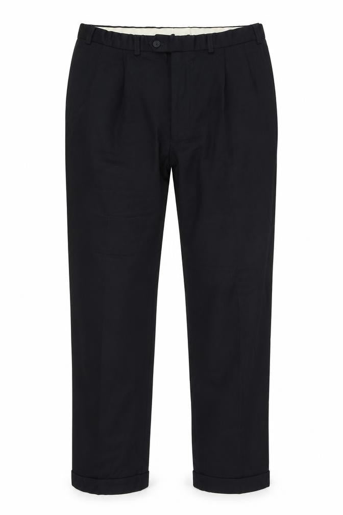 Front view of Marks & Spencer men’s blue trousers, size 36, in, 30-inch leg