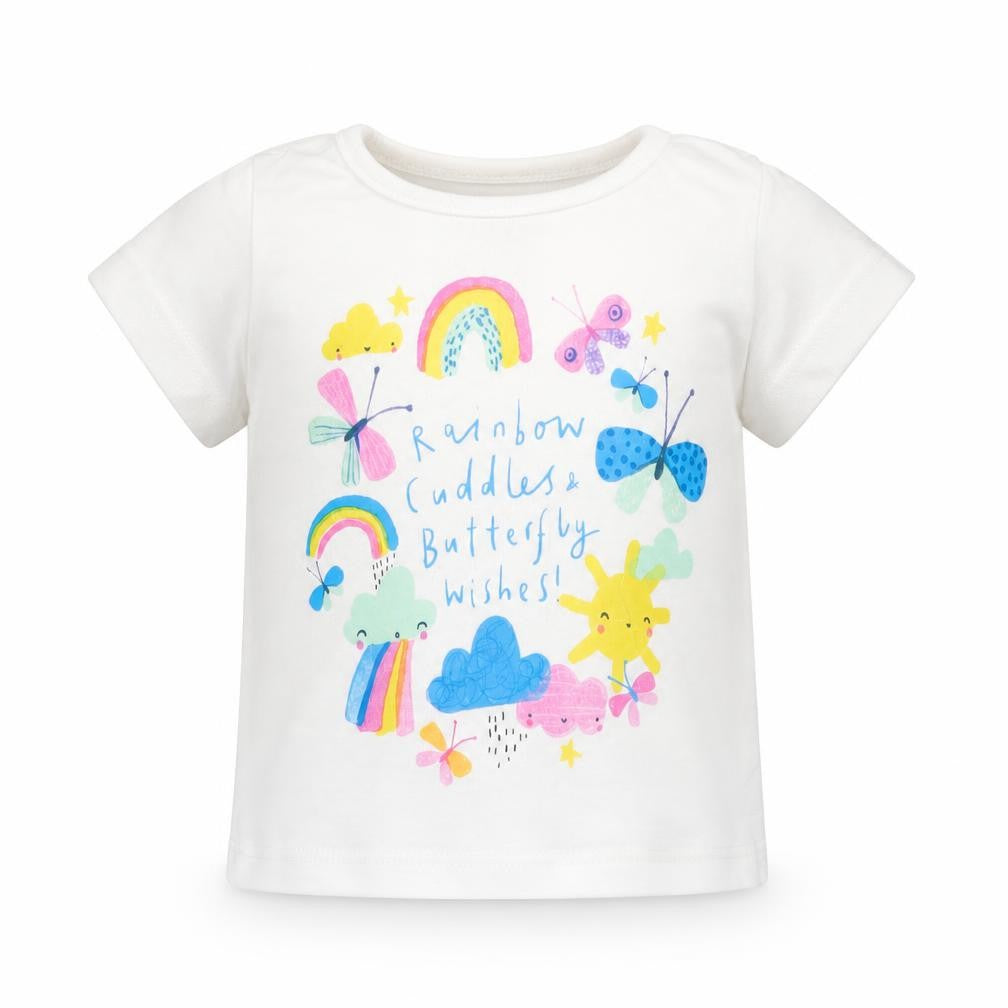 Front view of Lullaby girls’ white basic t-shirt, size 6-9, months - rainbows