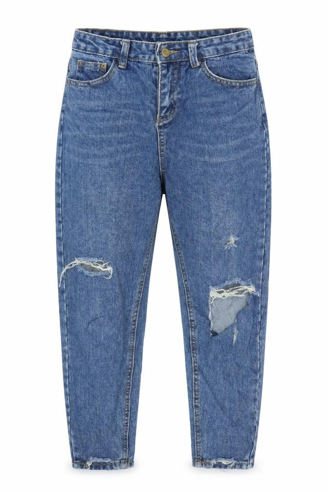 Front view of X2 women’s blue denim mom jeans, size L, 22-inch leg