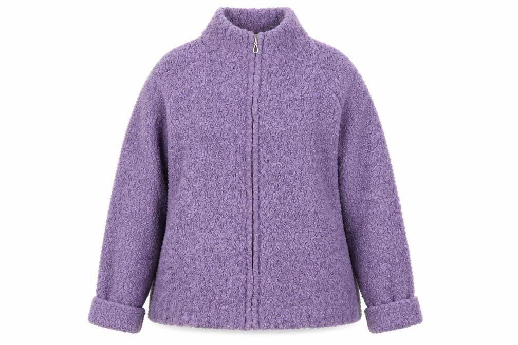 Front view of EWM women’s purple full zip jumper, size UK 14