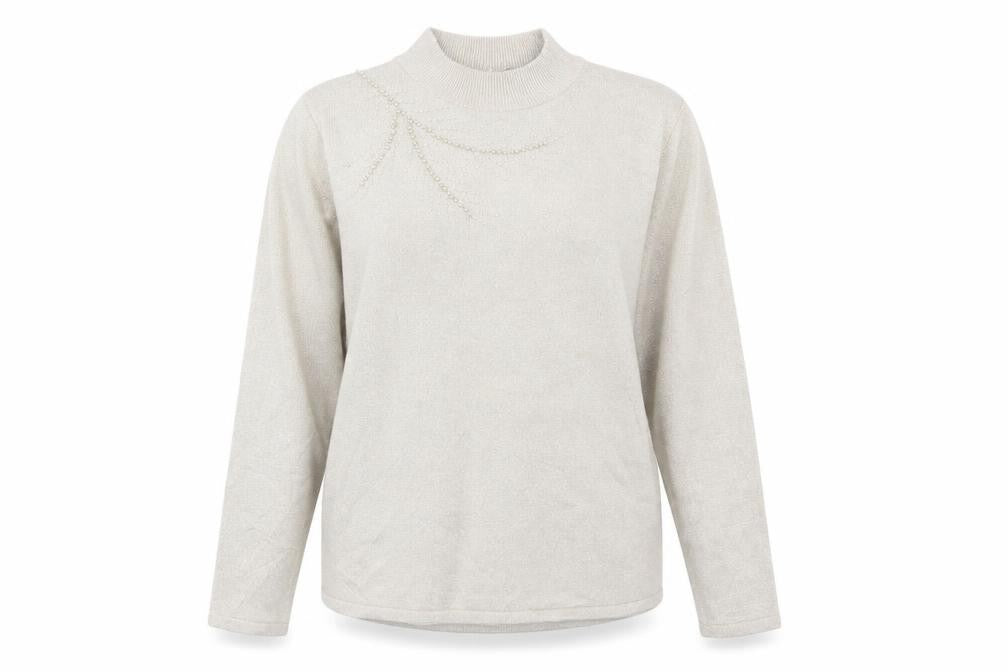 Front view of Bonmarché women’s gold jumper, size L, - pearls