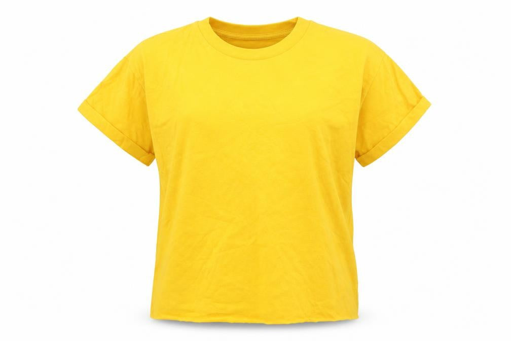 Front view of Miss Selfridge women’s yellow basic t-shirt, size UK 8, - cropped