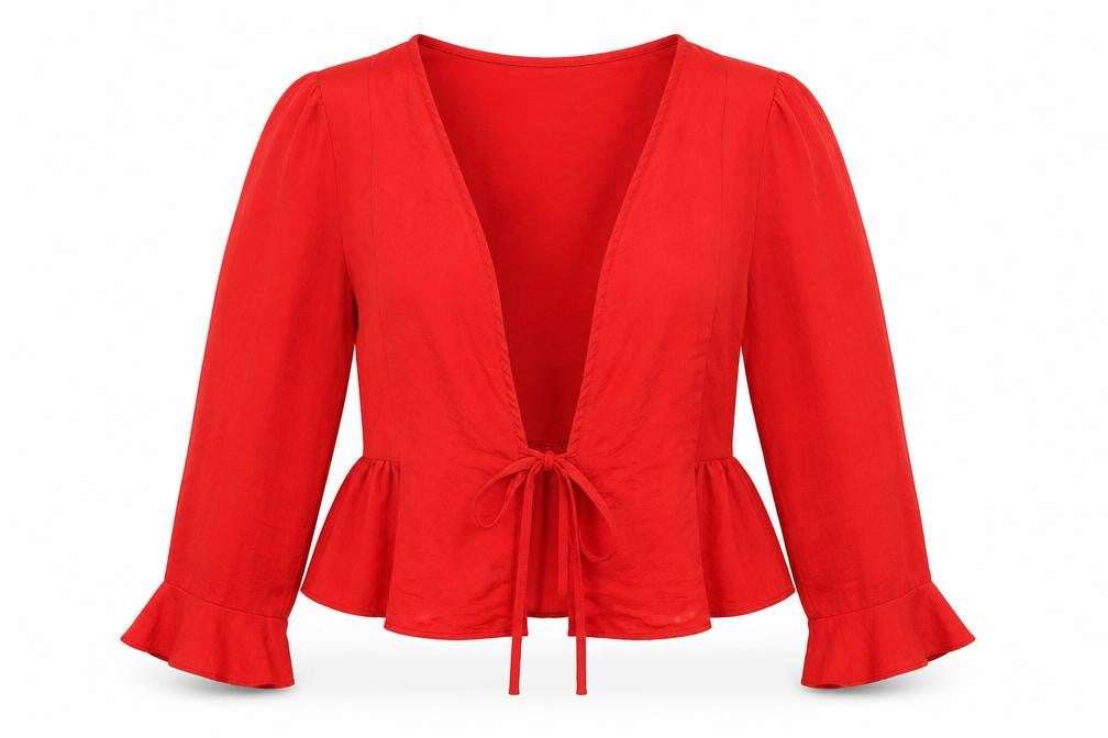 Front view of Topshop women’s red shrug jumper, size UK 12