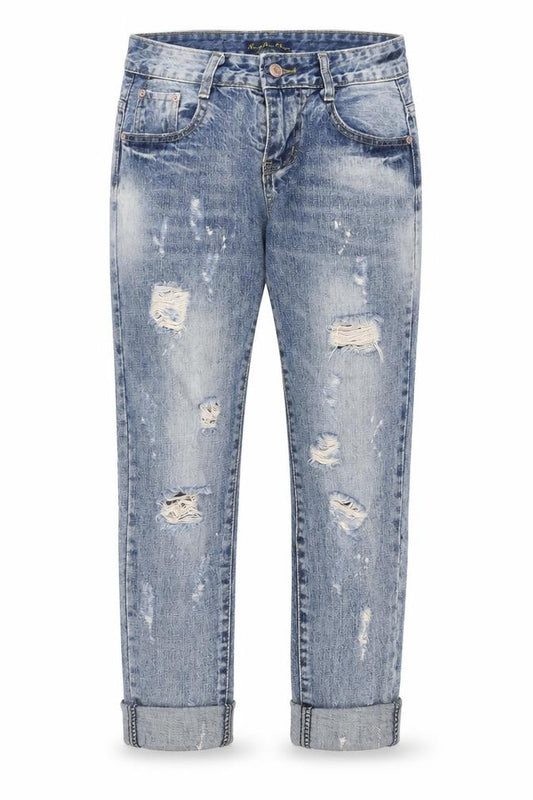 Front view of Hong Jin Chun women’s blue denim cropped jeans, size UK 27, in, 22-inch leg