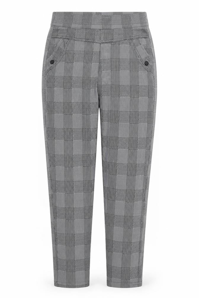 Front view of Preworn women’s grey check trousers, size S, 27-inch leg