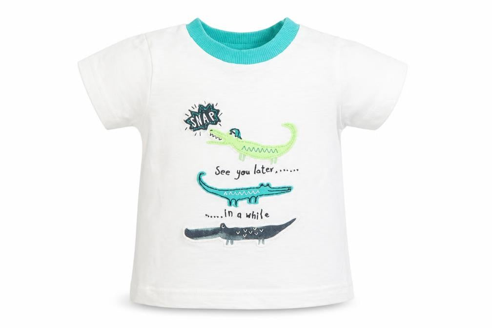 Front view of Nutmeg Baby White Basic T-Shirt, size 6-9, Months