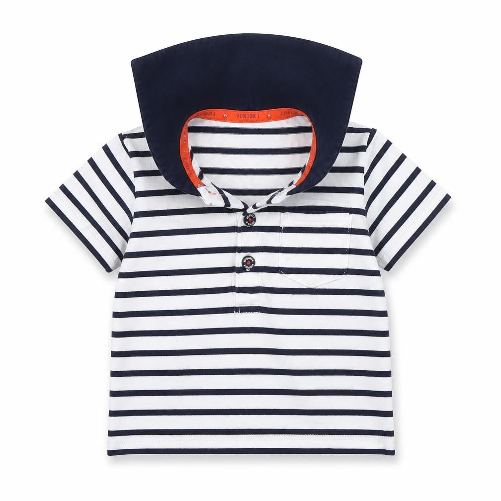 Front view of Debenhams boys’ blue striped basic polo, size 6-9, months