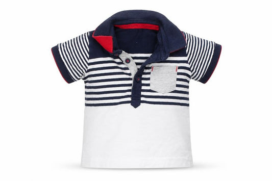 Front view of George boys’ blue striped basic polo, size 3-6, months