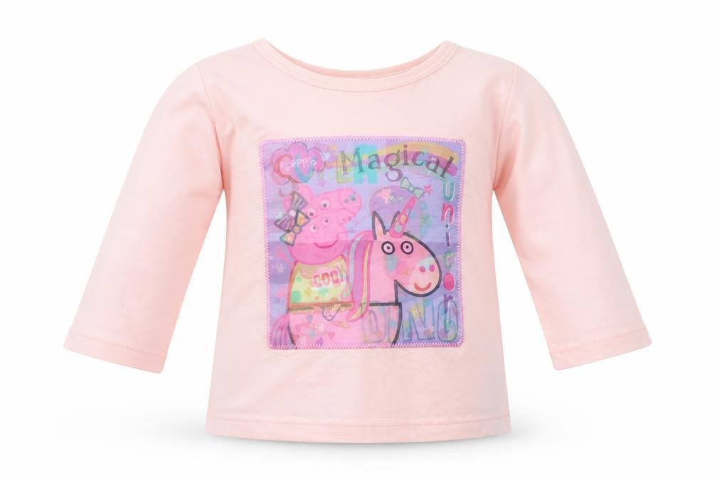 Front view of Peppa Pige girls’ pink basic t-shirt, size 3-6, months - peppa pige