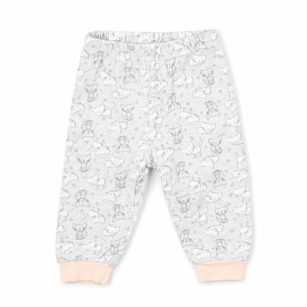 Front view of Primark girls’ grey pyjama pants, size 6-9, months - cats