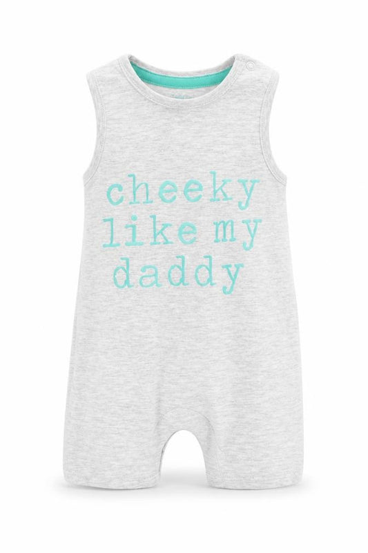 Front view of F&F boys’ grey dungaree one-piece, size 3-6, months
