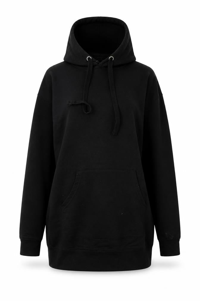 Front view of New Look women’s black pullover hoodie, size UK 6