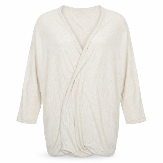 Front view of H&M women’s beige wrap blouse, size UK 10