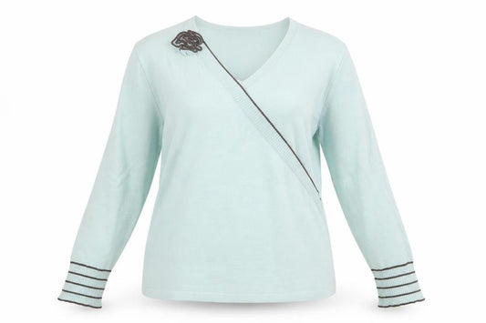Front view of LUCIA women’s green striped basic blouse, size UK 16
