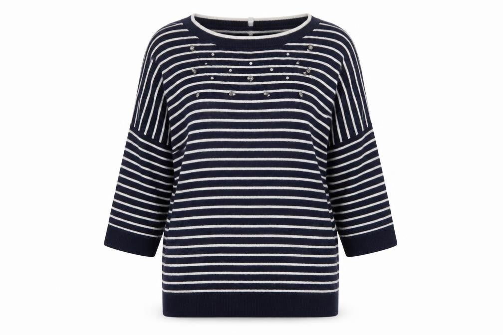 Front view of Country Casuals women’s blue striped knit jumper, size L