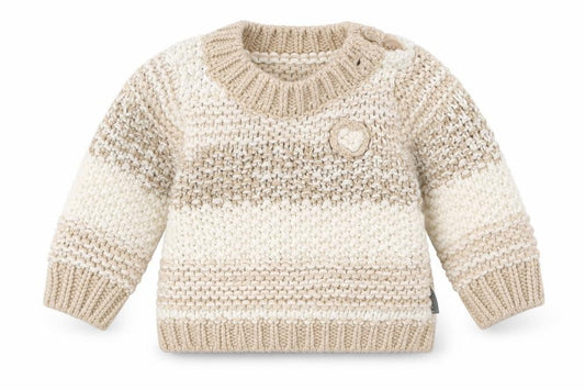 Front view of Nutmeg girls’ beige striped knit jumper, size 9-12, months
