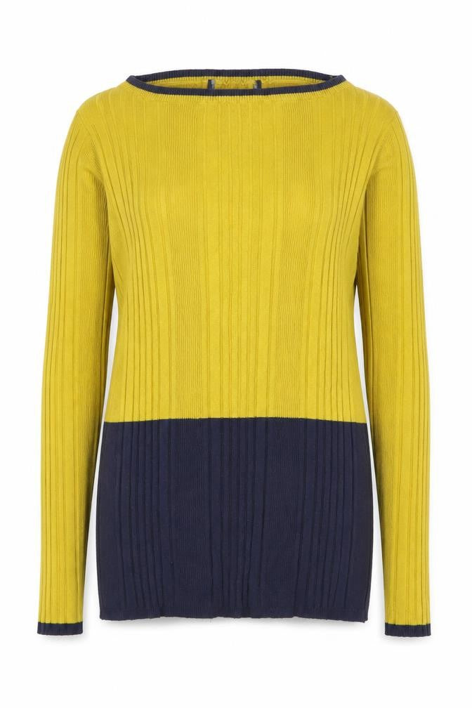 Front view of Preworn women’s yellow knit jumper, size UK 14, - colour block
