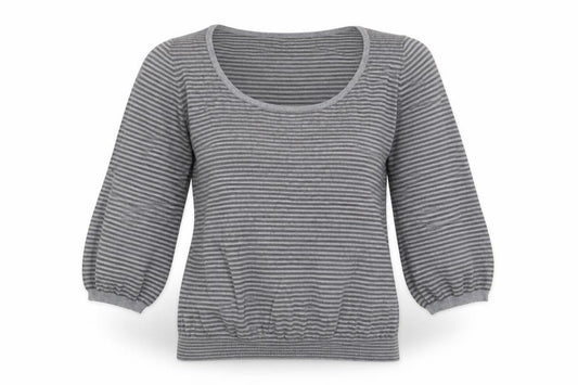 Front view of Marks & Spencer women’s grey striped jumper, size UK 12