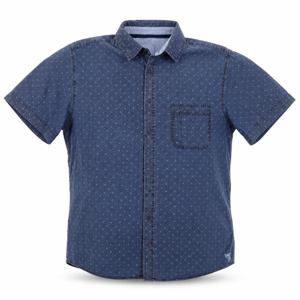 Front view of David Jones men’s blue polka dot button-up, size M