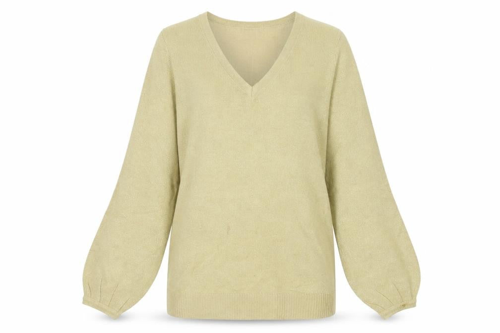 Front view of ETHLE AUSTIN women’s gold knit jumper, size S