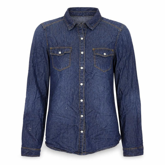 Front view of New Look women’s blue colourblock basic button-up, size UK 6