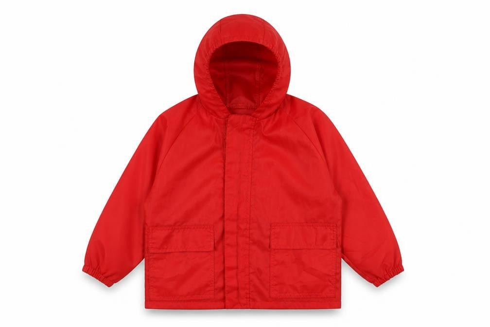 Front view of uniformity boys’ red colourblock jacket, size 6-7, years