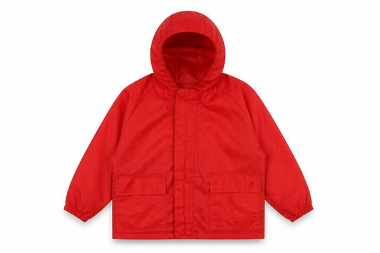 Front view of uniformity boys’ red colourblock jacket, size 6-7, years