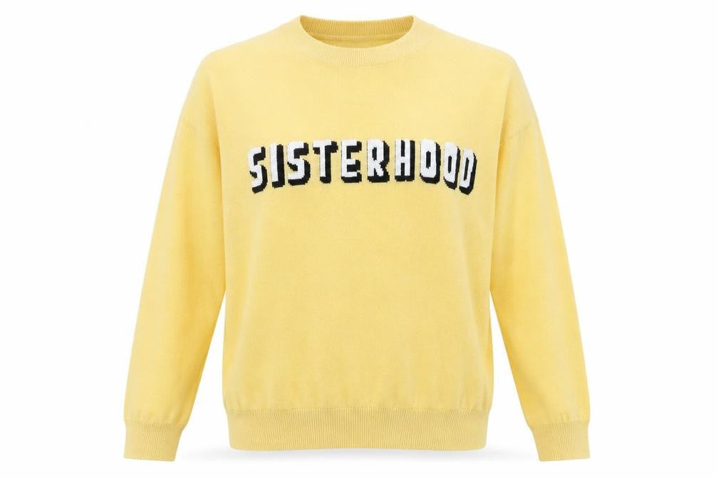 Front view of New Look women’s yellow knit jumper, size UK 10, - sisterhood