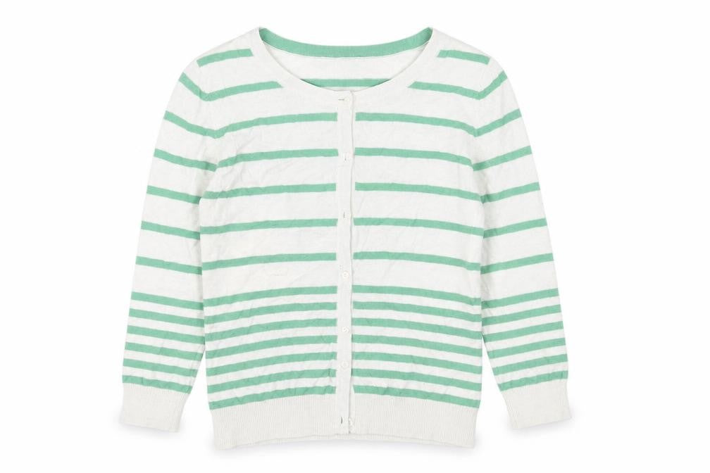Front view of H&M men’s white striped knit cardigan jumper, size S