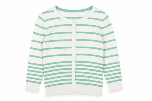 Front view of H&M men’s white striped knit cardigan jumper, size S