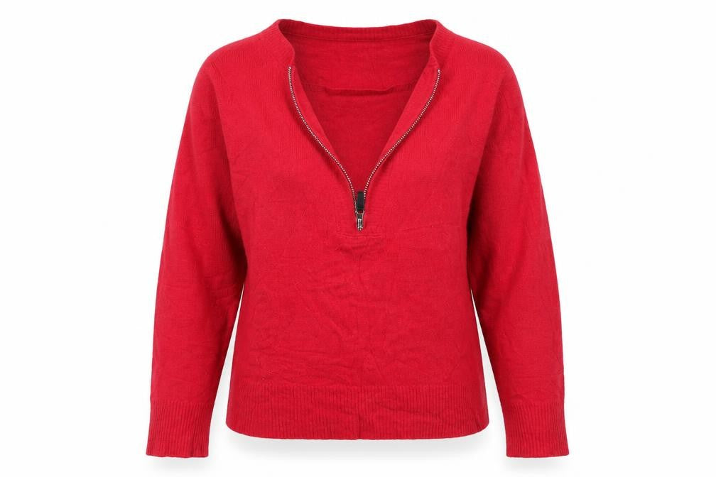 Front view of Lakeland women’s red knit jumper, size UK 12