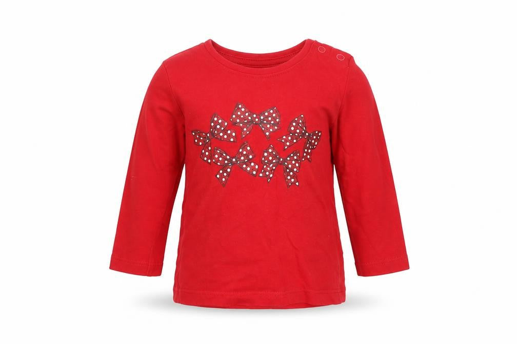 Front view of Primark girls’ red basic t-shirt, size 6-9, months - bows
